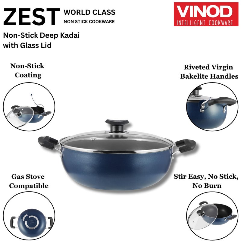 VINOD Vinod Zest Aluminium Non Stick Deep Kadhai with Glass Lid 14 Litre 18cm 3 Layer Ceramic Coating 3 mm Thick Metal Spoon Friendly Gas Base Toxin Free 1 Year Warranty  - Image 4