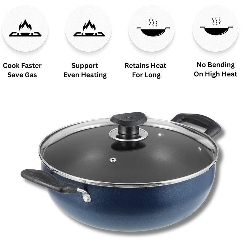 VINOD Vinod Zest Aluminium Non Stick Deep Kadhai with Glass Lid 14 Litre 18cm 3 Layer Ceramic Coating 3 mm Thick Metal Spoon Friendly Gas Base Toxin Free 1 Year Warranty  - Image 5
