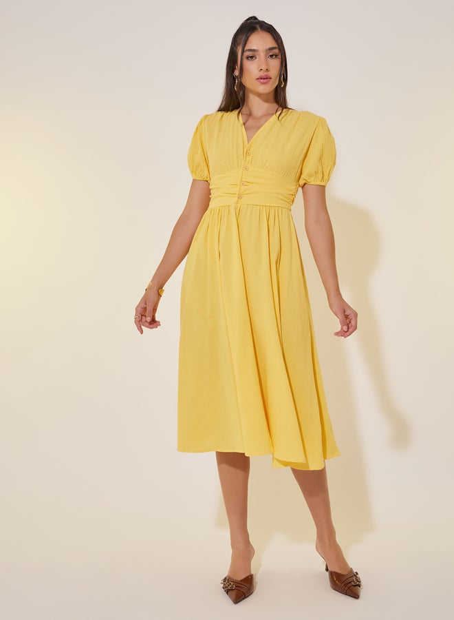 Take Two Solid Puff Sleeve V-Neck Midi Dress - Image 1