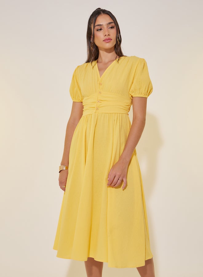 Take Two Solid Puff Sleeve V-Neck Midi Dress - Image 3