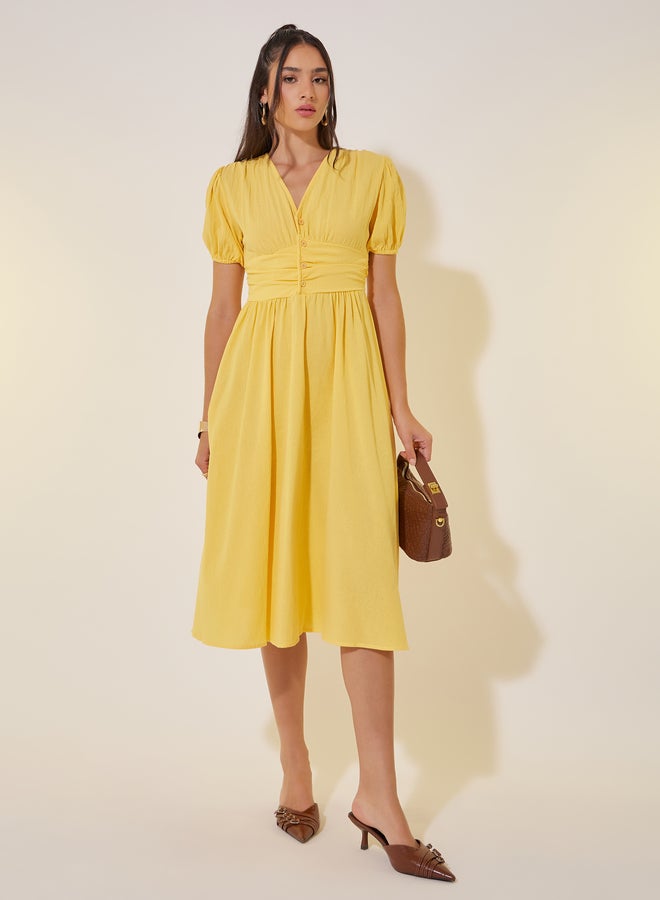 Take Two Solid Puff Sleeve V-Neck Midi Dress - Image 2