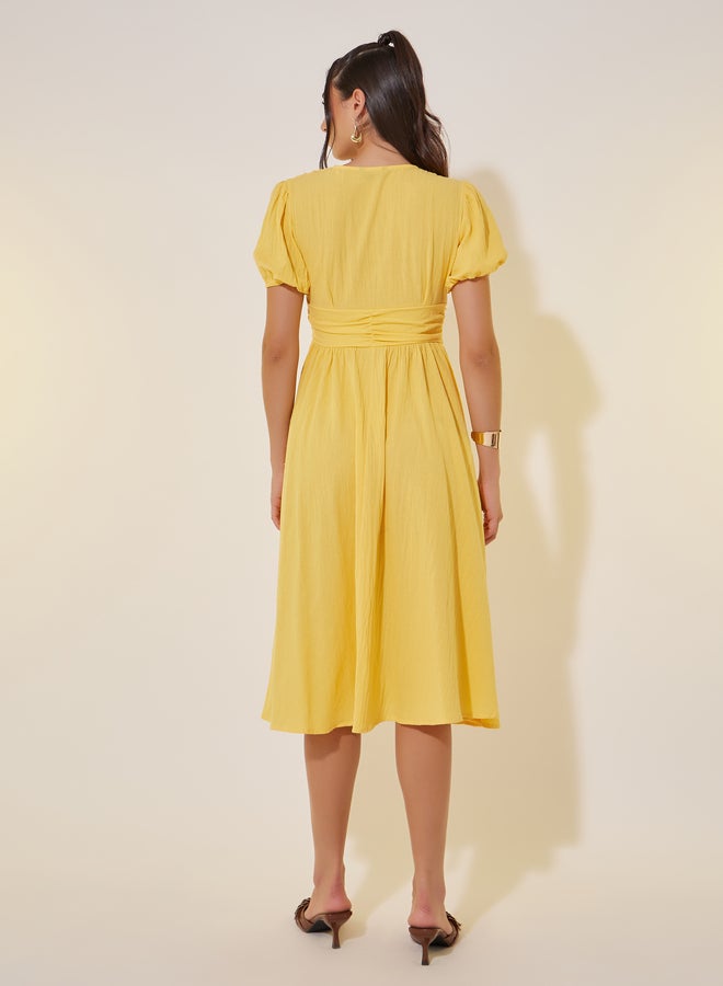 Take Two Solid Puff Sleeve V-Neck Midi Dress - Image 5