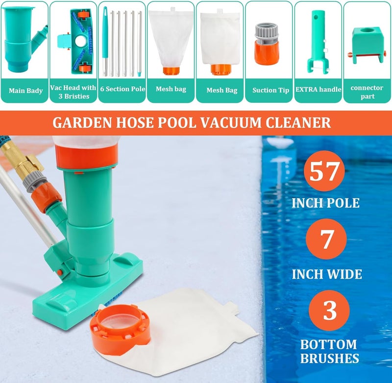 POOLWHALE Premium Pool Vacuum Jet Underwater Cleaner, 3 Scrub Brushes, 2 Fine Mesh Bags, 6 Section Telescopic Pole of 56.5" and Handle - for Above Ground Pools,Spas & Ponds - Image 2