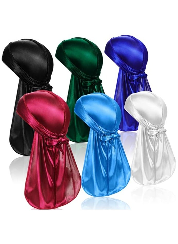 6PCS Silky Durags for Men Women, Silky Satin Long Tail Headwrap, Breathable Turban Hat,Stocking Cap Sliky  Straps Pirate Hat - Image 1
