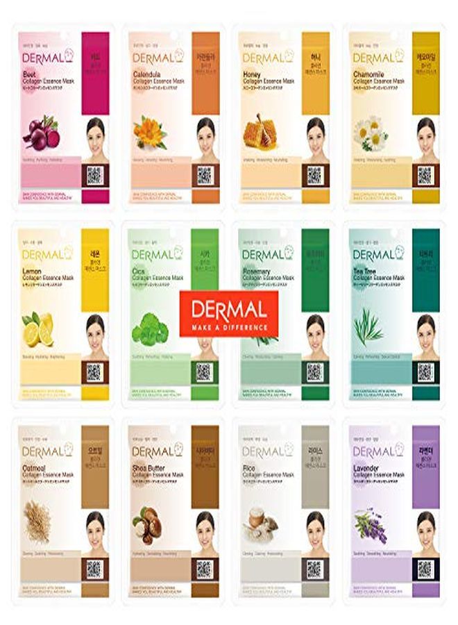 DERMAL 12 Pack Combo New Value Set Collagen Essence Mask Sheet | Sodium Hyaluronate & Hydrolyzed Collagen Nature Made Fresh Mask | Best Korean Skin Care Mask | Parabenfree  - Image 1