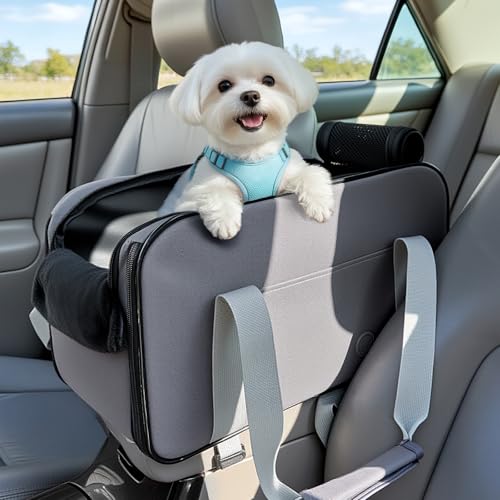 PETSFIT Multipurpose Center Console Dog Car Seat Airline Approved Dog Car Carrier with Safety Tether and Pockets Portable Cat Car Seat Dog Car Seats for Small Dogs Cats Up to 9 LBS Deep Grey - Image 1