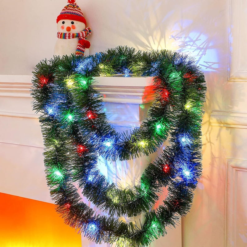 Kingdder 16.4 ft Christmas Tinsel Garland Lighted Metallic Twist Tree Decoration Prelit Battery Operated 50 LED Hanging Garland for Xmas New Year Home Outdoor Decor(Multicolor, Green) - Image 1