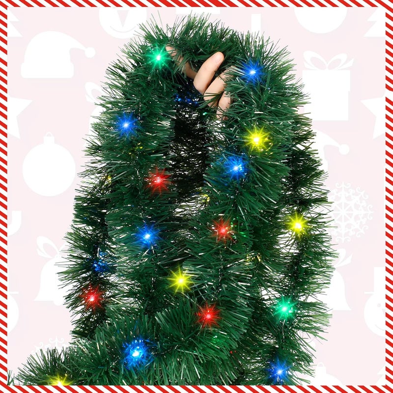 Kingdder 16.4 ft Christmas Tinsel Garland Lighted Metallic Twist Tree Decoration Prelit Battery Operated 50 LED Hanging Garland for Xmas New Year Home Outdoor Decor(Multicolor, Green) - Image 4