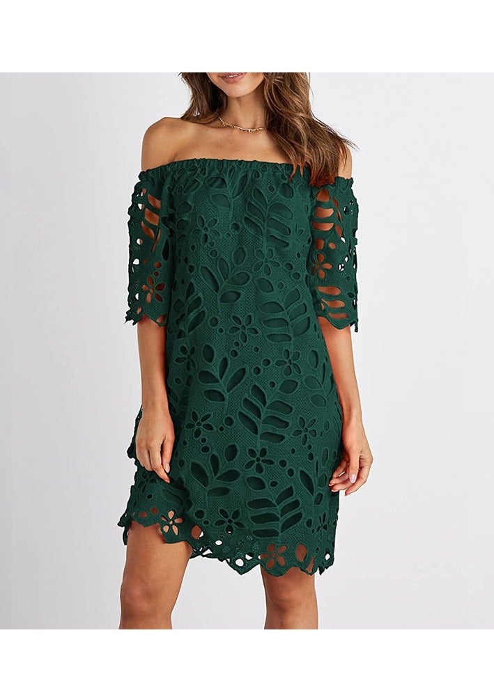 NIBEMINENT فستان صيفي نسائي بأكتاف مكشوفة بتصميم عتيق مزخرف بالزهور بأكمام قصيرة فضفاضة أنيقة - Image 1