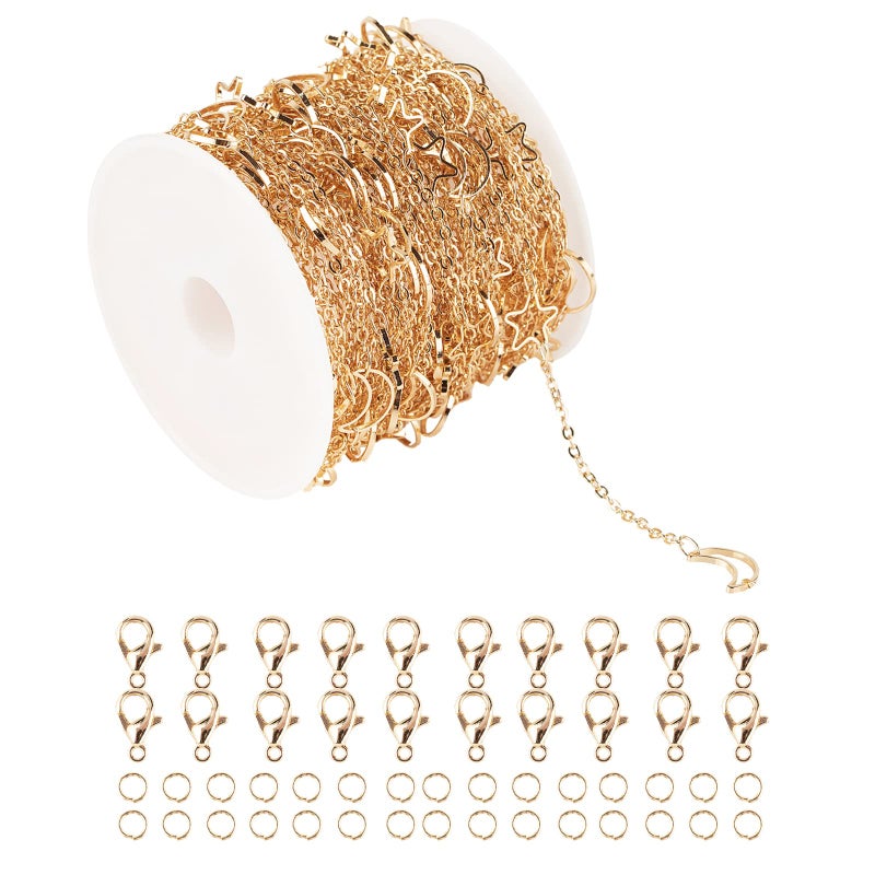 YOUBEIYEE 33 Feet Gold Plated Chains Star and Moon Brass Chain Roll Necklace Bulk Chains with Jump Rings Lobster Clasps for Jewelry Making DIY Bracelets Anklet
