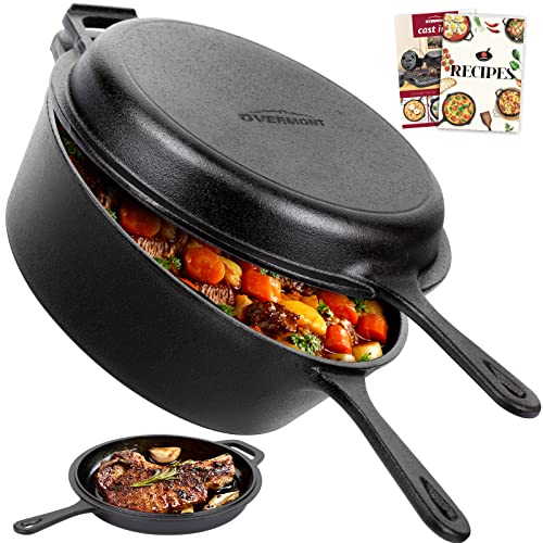Overmont Cast Iron Dutch Oven with dual use Skillet lid for Oven, Induction, Electric, Grill, Stovetop, (3.2QT Pot, 10.5 inches) - Image 1
