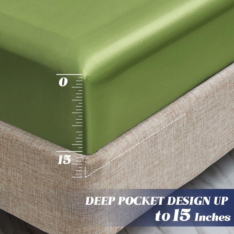 MR&HM MR&HM Satin Fitted Sheet King Size  Silky Bottom Sheet with Elastic Corner Straps  Deep Pocket up to 15 Inch  No More Slipping Off for Mattress - 1 Fitted Sheet Only (Sage)  - Image 4