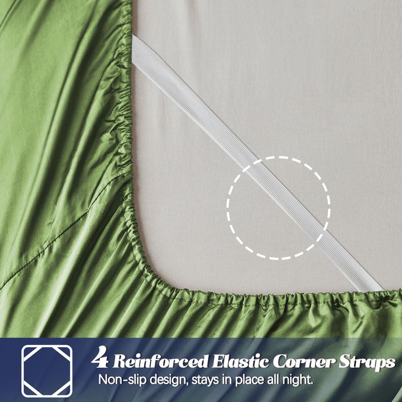 MR&HM MR&HM Satin Fitted Sheet King Size  Silky Bottom Sheet with Elastic Corner Straps  Deep Pocket up to 15 Inch  No More Slipping Off for Mattress - 1 Fitted Sheet Only (Sage)  - Image 3