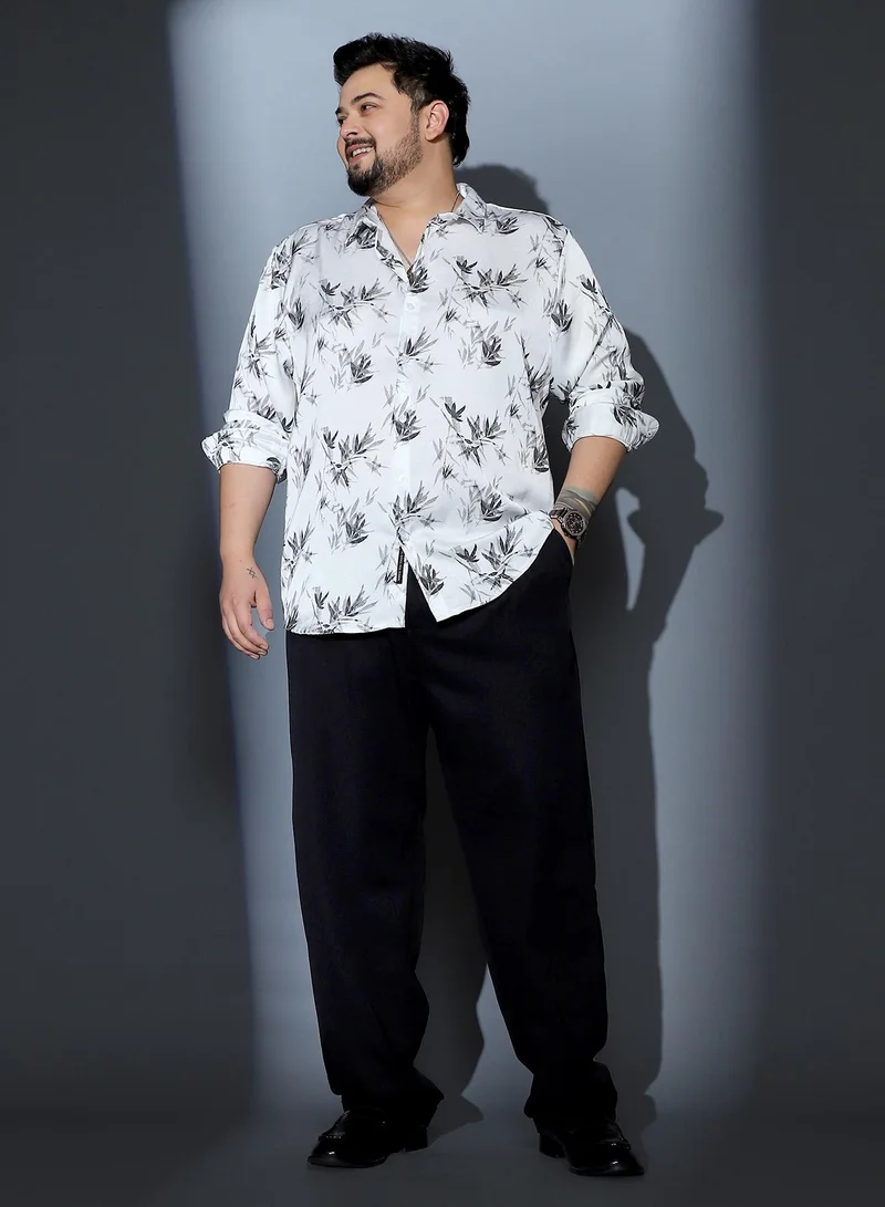 انستافاب بلس Instafab Plus Men Faded-Leaf Imprint Satin Shirt | Spread Collar , Long Cuffed Sleeve | Button Closure , Curved Hem | Floral Print Woven Fabric For Party & Evening Wear | Midnight Black & Cream White