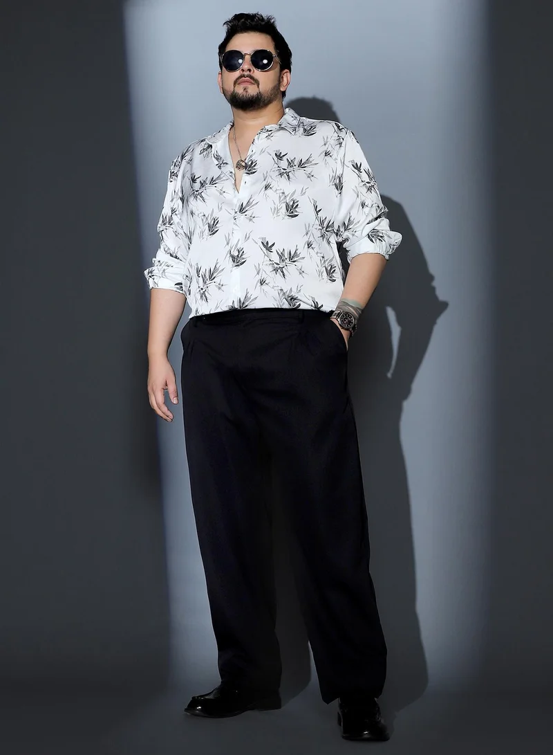 انستافاب بلس Instafab Plus Men Faded-Leaf Imprint Satin Shirt | Spread Collar , Long Cuffed Sleeve | Button Closure , Curved Hem | Floral Print Woven Fabric For Party & Evening Wear | Midnight Black & Cream White