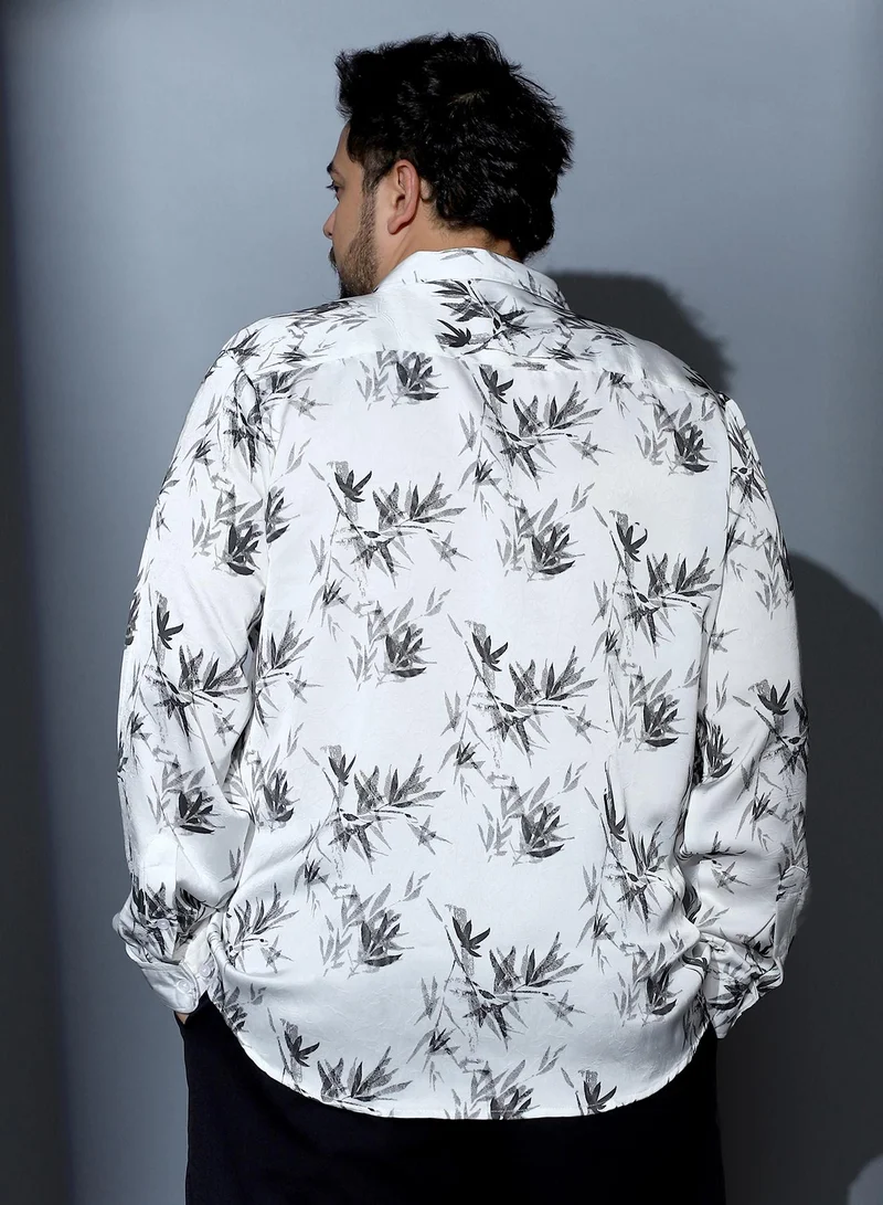 انستافاب بلس Instafab Plus Men Faded-Leaf Imprint Satin Shirt | Spread Collar , Long Cuffed Sleeve | Button Closure , Curved Hem | Floral Print Woven Fabric For Party & Evening Wear | Midnight Black & Cream White