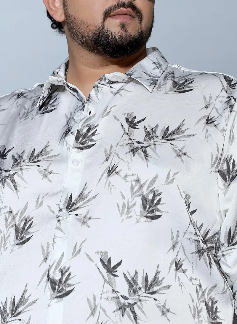 انستافاب بلس Instafab Plus Men Faded-Leaf Imprint Satin Shirt | Spread Collar , Long Cuffed Sleeve | Button Closure , Curved Hem | Floral Print Woven Fabric For Party & Evening Wear | Midnight Black & Cream White