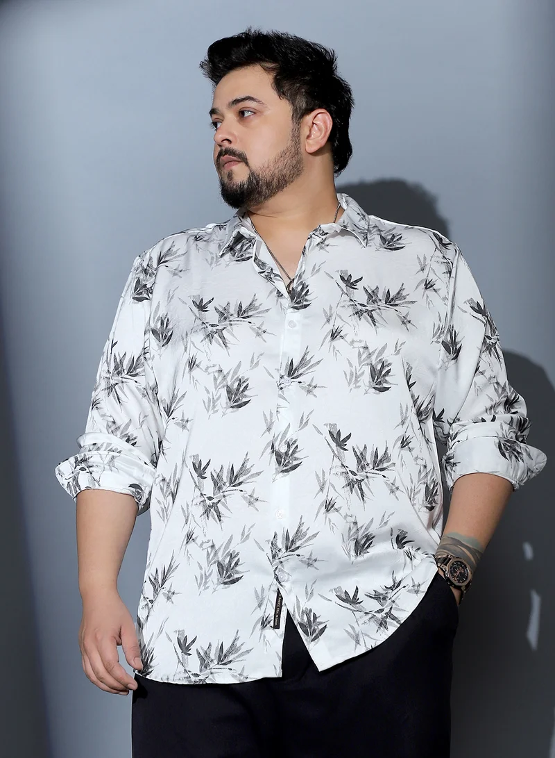 Instafab Plus Instafab Plus Men Faded-Leaf Imprint Satin Shirt | Spread Collar , Long Cuffed Sleeve | Button Closure , Curved Hem | Floral Print Woven Fabric For Party & Evening Wear | Midnight Black & Cream White