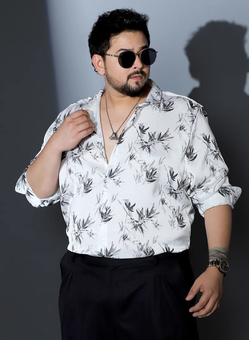 Instafab Plus Instafab Plus Men Faded-Leaf Imprint Satin Shirt | Spread Collar , Long Cuffed Sleeve | Button Closure , Curved Hem | Floral Print Woven Fabric For Party & Evening Wear | Midnight Black & Cream White