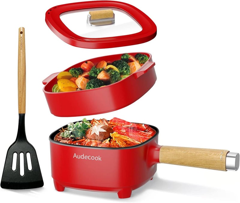 Audecook قدر كهربائي من أوديكوك، مقلاة غير لاصقة مطلية بالسيراميك، طاهٍ متعدد محمول للسفر مناسب للرامن والستيك والبيض والأرز المقود والشوفان والحساء، بقدرة 350 واط/800 واط (أحمر/2 لتر مع سلة بخار) - Image 1