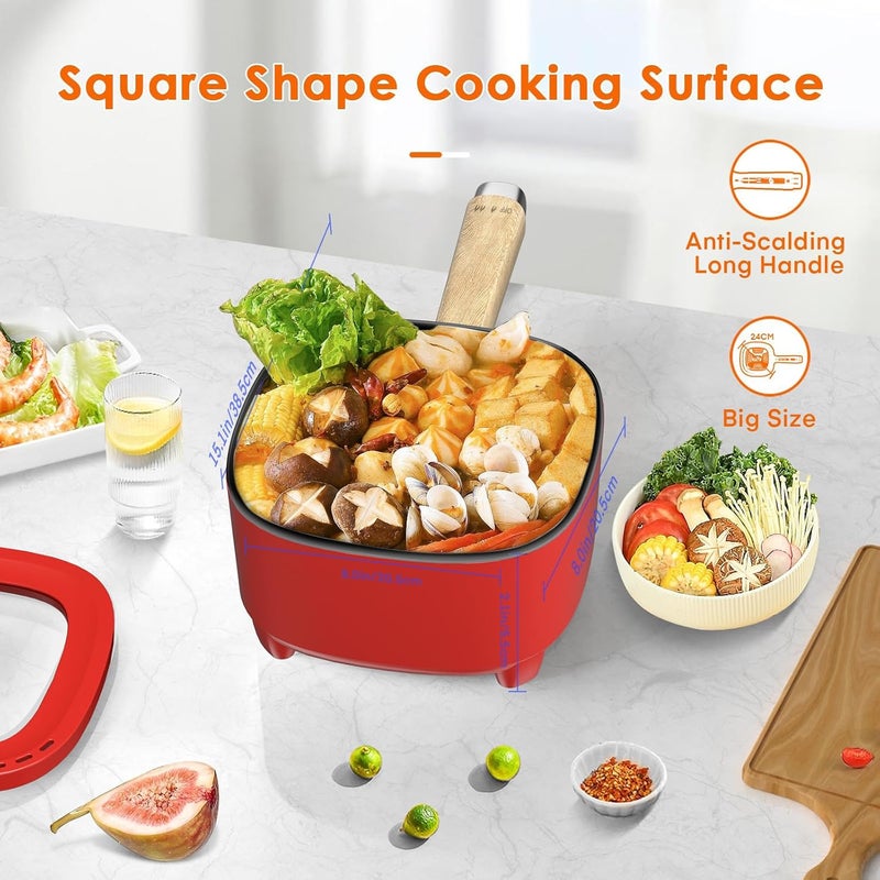 Audecook قدر كهربائي من أوديكوك، مقلاة غير لاصقة مطلية بالسيراميك، طاهٍ متعدد محمول للسفر مناسب للرامن والستيك والبيض والأرز المقود والشوفان والحساء، بقدرة 350 واط/800 واط (أحمر/2 لتر مع سلة بخار) - Image 2
