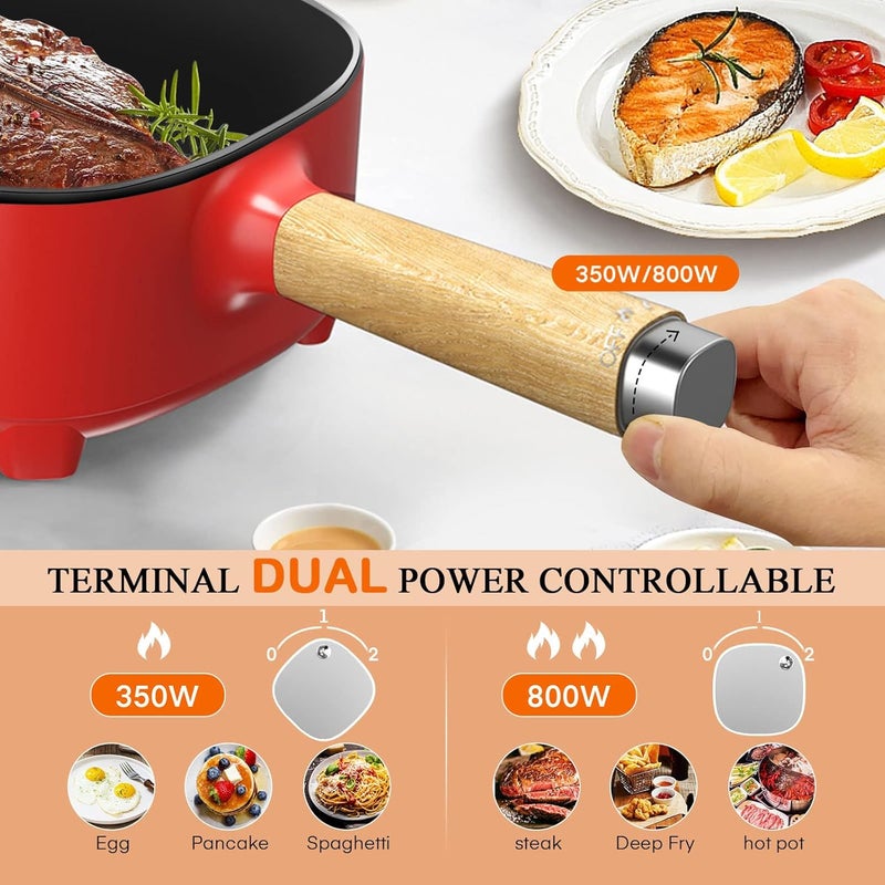 Audecook قدر كهربائي من أوديكوك، مقلاة غير لاصقة مطلية بالسيراميك، طاهٍ متعدد محمول للسفر مناسب للرامن والستيك والبيض والأرز المقود والشوفان والحساء، بقدرة 350 واط/800 واط (أحمر/2 لتر مع سلة بخار) - Image 3