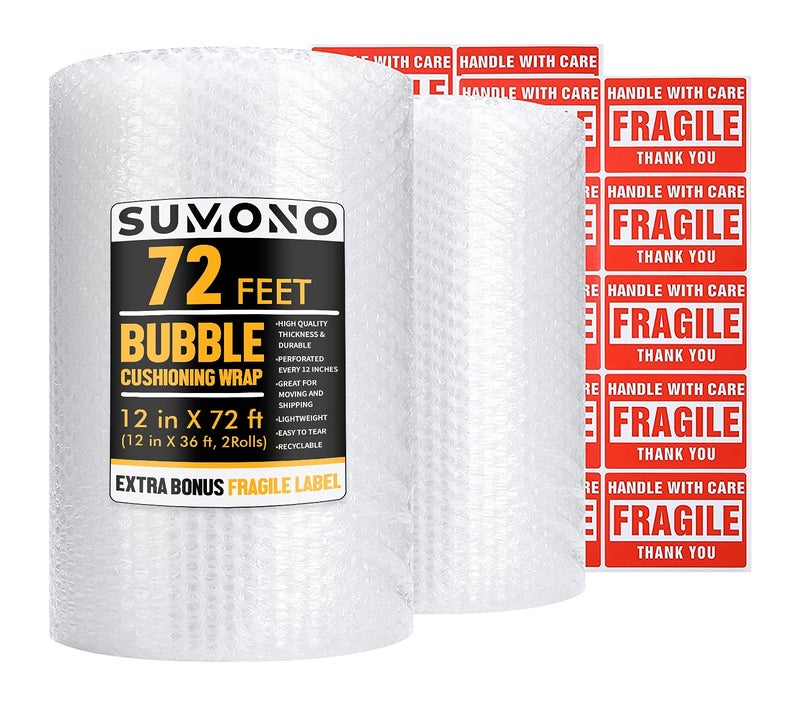 sumono Bubble Cushioning Wrap Roll, Sumono 12 Inch x 72 Feet Total [2 Rolls of 36 Feet] Bubble Roll Perforated 12 Inch Included 20 Fragile Sticker Label - Image 1