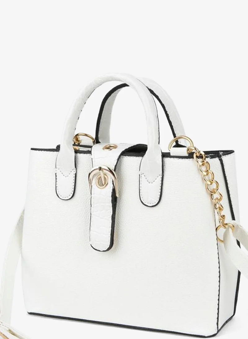 Women's Box White Croco Handle Strap 2-Compartment Snap Zipper Closure Hand and Shoulder Bag.