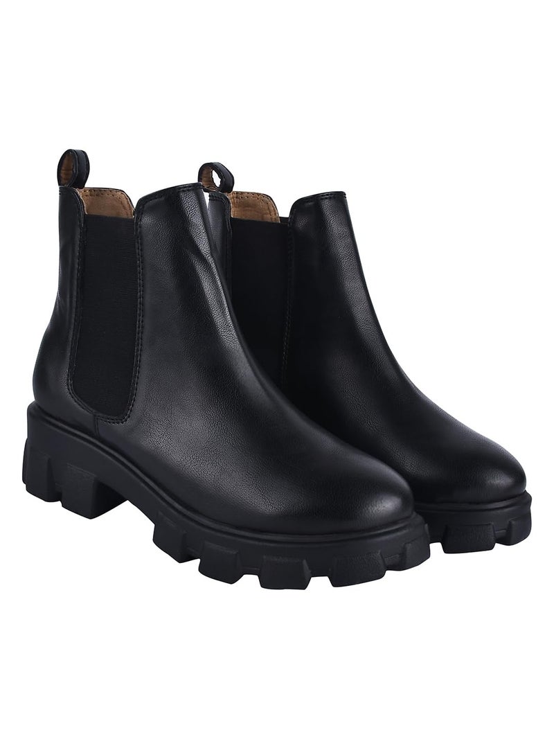 Shoetopia Women's Chunky Chelsea Boots – Black Ankle Booties with Lug Sole, Slip-On Elastic Side Panels, Stylish Fall/Winter Footwear EU38 - Image 1