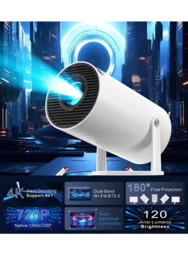 جهاز عرض صغير (ميني بروجيكتور) مزود بتقنية Wi-Fi 6 وبلوتوث، يدعم دقة 4K و1080P مع تصميم محمول قابل للدوران 180 درجة وعرض شاشة تصل إلى 130 بوصة، يتميز بتصحيح تلقائي للشكل المنحرف (Auto Keystone) ويتوافق مع أجهزة اللابتوب والكمبيوتر الشخصي والهواتف الذكية، متوفر باللون الأبيض. - Image 1