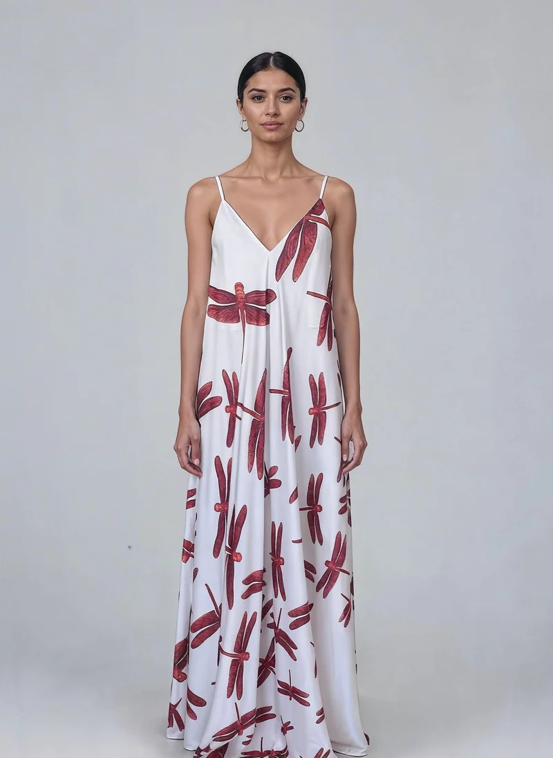 White Red Dragonfly Satin Mariella Dress