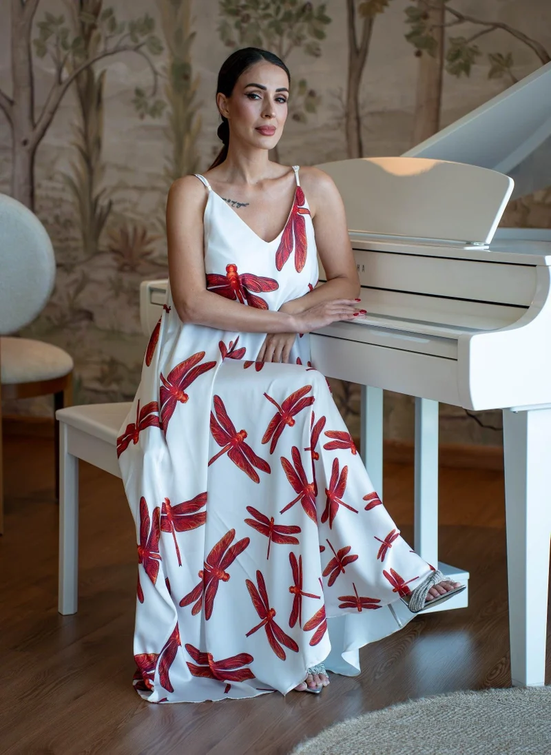 جانارا جونز White Red Dragonfly Satin Mariella Dress