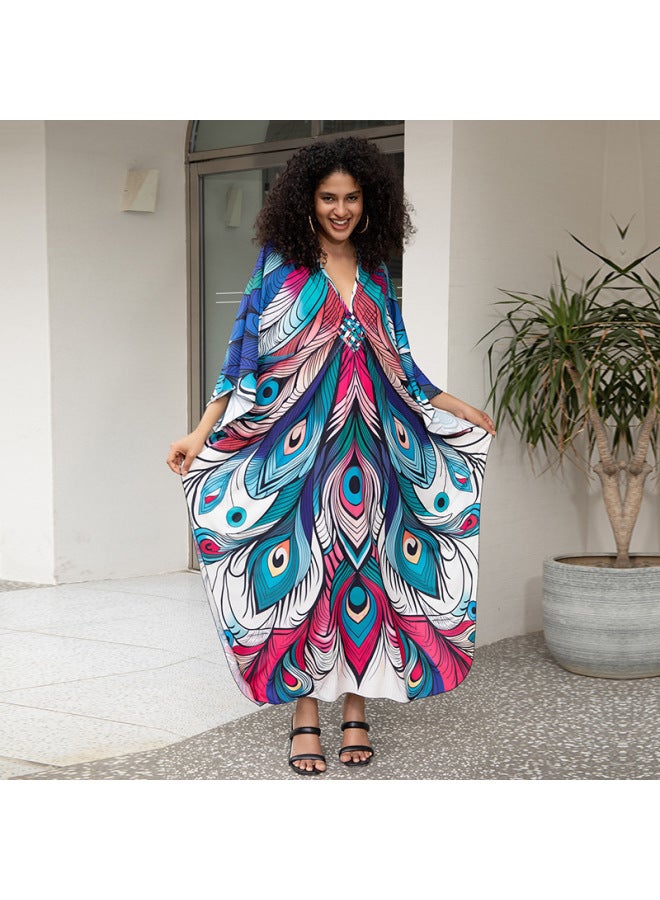 European And American Polyester Printed Beach Blouse Dress Long Dress Loose Robe Bikini Swimsuit Outer Sun Protection Shirt-Color:ZS2345-20 Rainbow Butterfly-