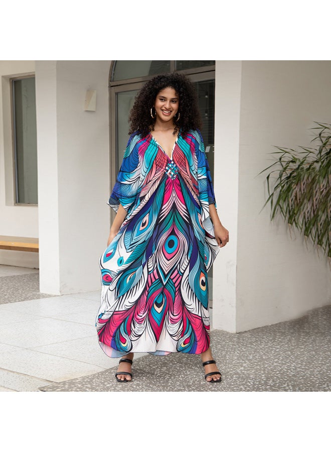 European And American Polyester Printed Beach Blouse Dress Long Dress Loose Robe Bikini Swimsuit Outer Sun Protection Shirt-Color:ZS2345-20 Rainbow Butterfly-