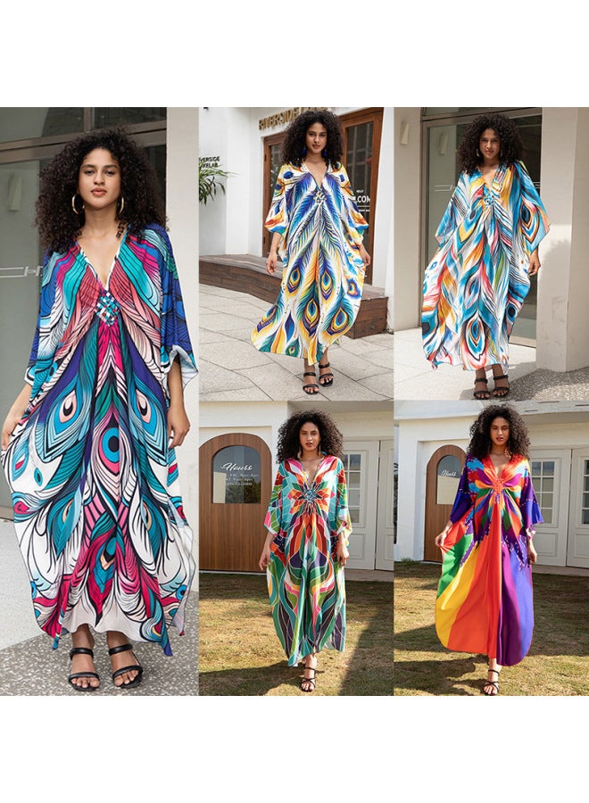 European And American Polyester Printed Beach Blouse Dress Long Dress Loose Robe Bikini Swimsuit Outer Sun Protection Shirt-Color:ZS2345-20 Rainbow Butterfly-