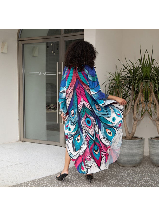 European And American Polyester Printed Beach Blouse Dress Long Dress Loose Robe Bikini Swimsuit Outer Sun Protection Shirt-Color:ZS2345-20 Rainbow Butterfly-