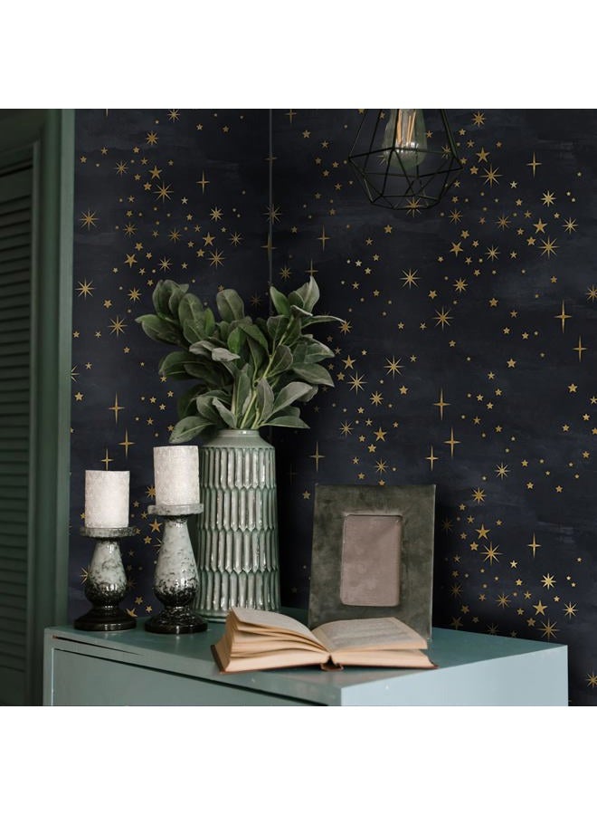 Buiory Large Eden Black Starry Sky Wallpaper - 38.6x480.6cm Removable Space Theme Wall Mural with Yellow Stars & Meteors, DIY Peel & Stick Wallpaper for Bedroom, Living Room, Nursery, Decor (204) - Image 4