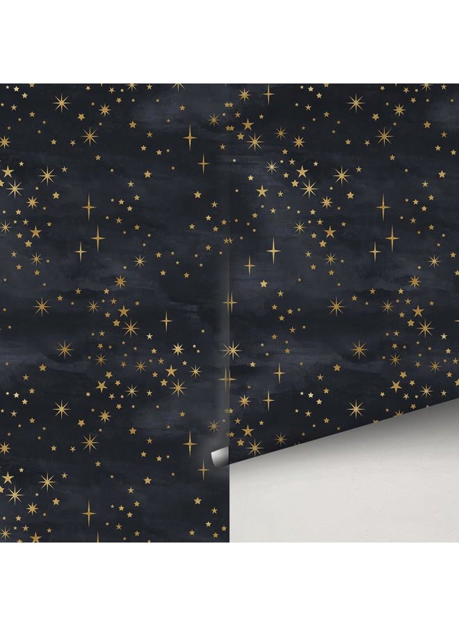 Buiory Large Eden Black Starry Sky Wallpaper - 38.6x480.6cm Removable Space Theme Wall Mural with Yellow Stars & Meteors, DIY Peel & Stick Wallpaper for Bedroom, Living Room, Nursery, Decor (204) - Image 1