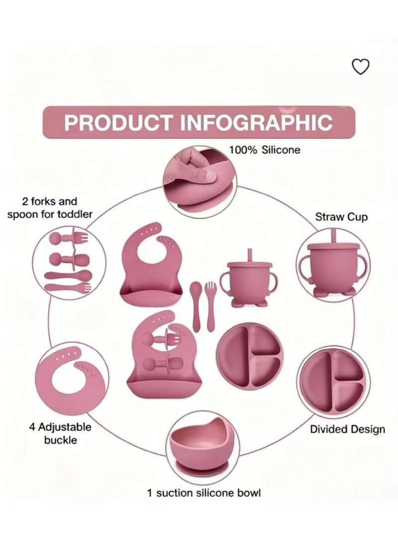 CESETH 8-Piece Baby Silicone Feeding Set | Bpa-Free Including Straw Bowls And Plates, Baby Spoons And Forks, And Toddler Cups With Straws And Lids. Suitable For Children To Eat Independently. Baby Tableware Set - Pink - Image 3