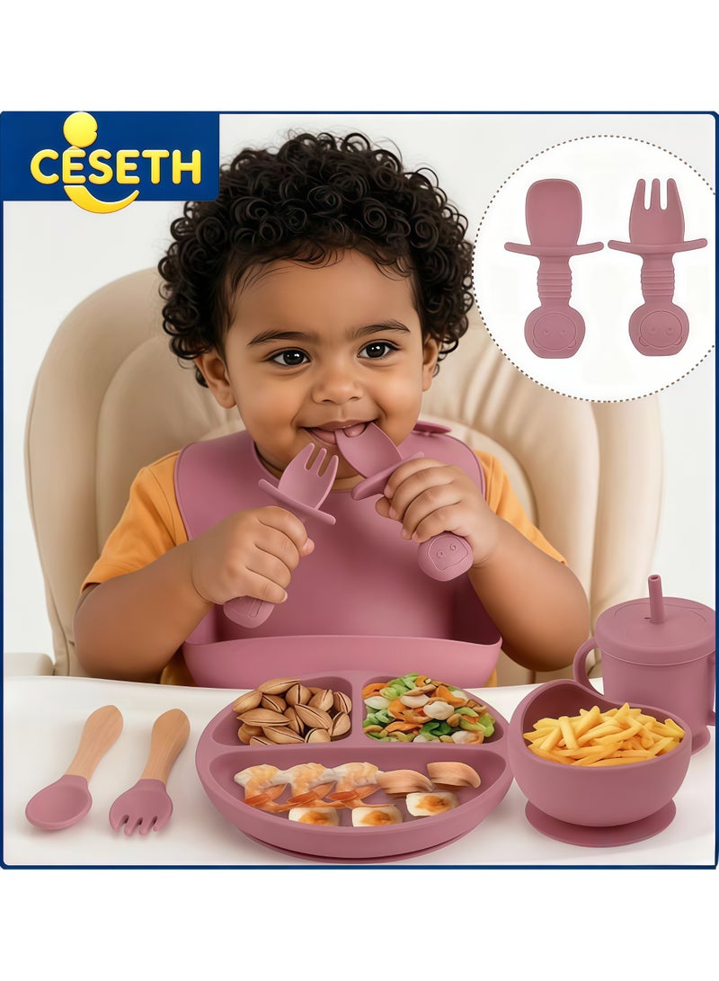 CESETH 8-Piece Baby Silicone Feeding Set | Bpa-Free Including Straw Bowls And Plates, Baby Spoons And Forks, And Toddler Cups With Straws And Lids. Suitable For Children To Eat Independently. Baby Tableware Set - Pink - Image 1