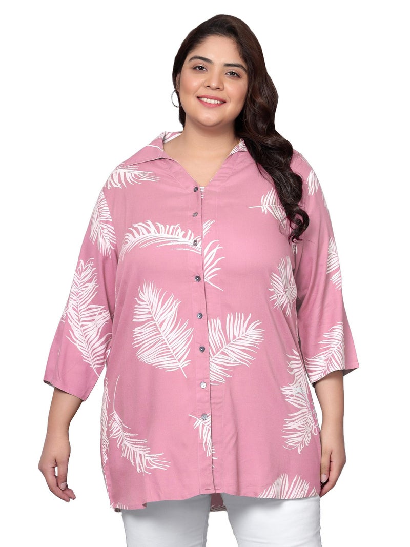 Indietoga Women's Plus Size Rayon Longline Regular Fit Shirt Tops (10001464_Pink Printed_2Xl) - Image 1