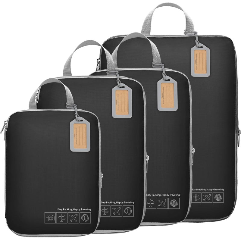 Cambond Compression Packing Cubes for Travel Women - 4 Pack Expandable Packing Luggage Organizers Travel Essentials Compression Cubes for Carry on Suitcases, Black - Image 1
