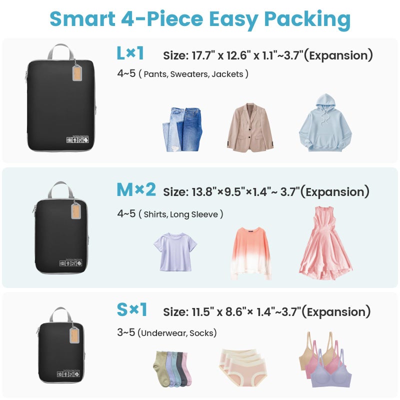 Cambond Compression Packing Cubes for Travel Women - 4 Pack Expandable Packing Luggage Organizers Travel Essentials Compression Cubes for Carry on Suitcases, Black - Image 4