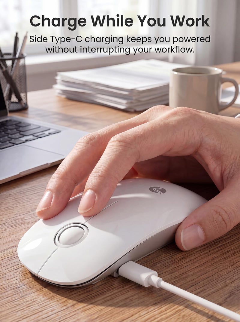 RAPIQUE R306 Pro Wireless Mouse, Dual Bluetooth & 2.4G, Type-C Rechargeable, Silent Click, Slim Symmetrical Design, Portable for Laptop/iPad/MacBook/Desktop/Windows/macOS – White - Image 4