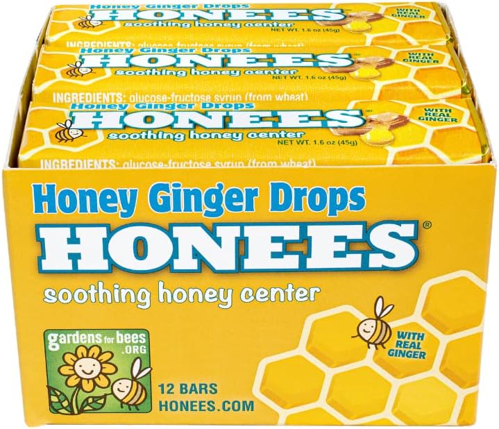 Honees Filled Honey Ginger Drops Natural Cough Drops Pure Ginger Sore Throat Relief Nothing Artificial Throat Coat Lozenges Natural Cough Suppressant NonGMO Gluten Free 12 Pack 108 Drops - Image 1