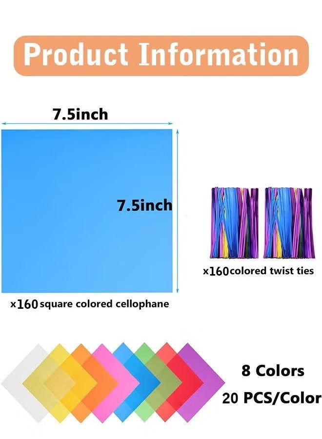 Happy D 160Pcs Cellophane Wrap, with 160 Pcs Metallic Twist Ties, 8 Multi-Colors Colored Cellophane, 7.5x7.5 Inch Transparent Colored Plastic Wrap, Colored Cellophane Wrap, DIY Arts Crafts Decorations - Image 2