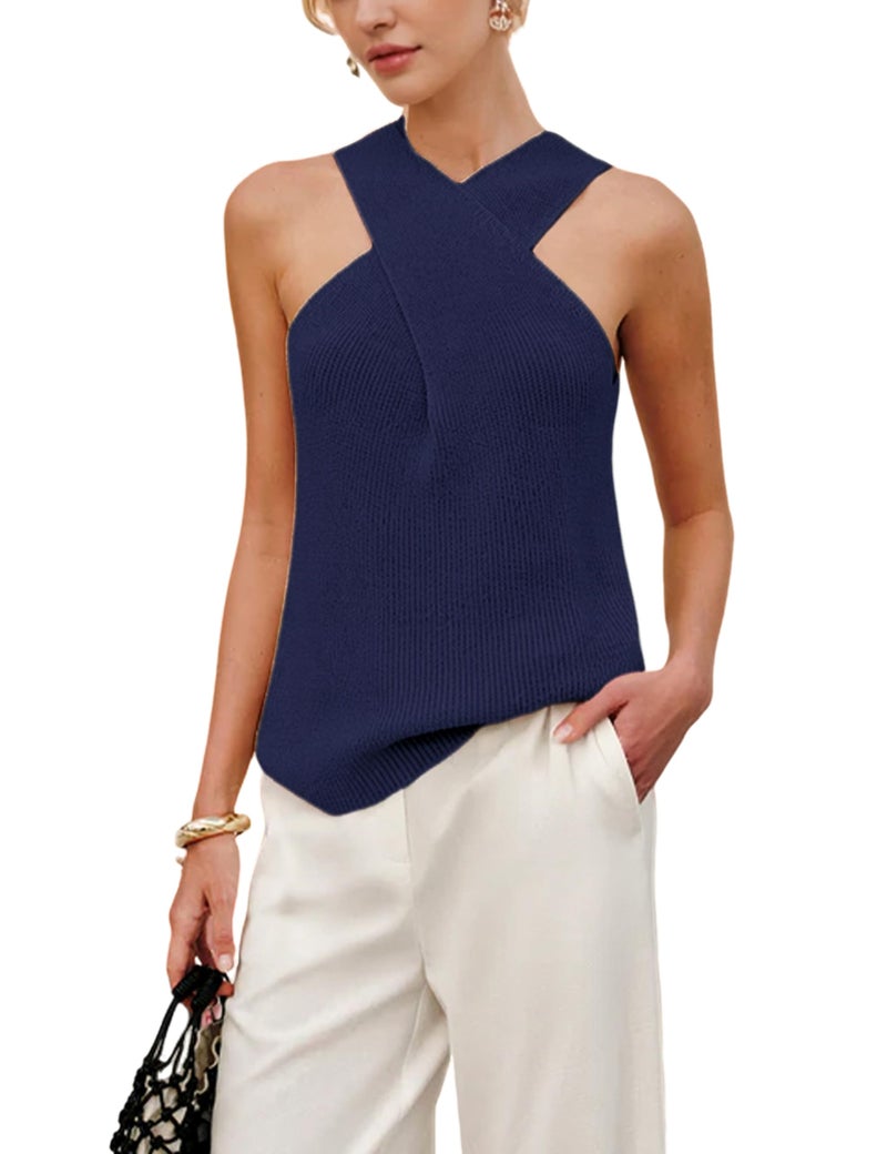 Yeokou Women Halter Cross Over Collar Tank Knit Sleeveless Top Solid Color Casual Summer Blouse(Navy-M) - Image 1