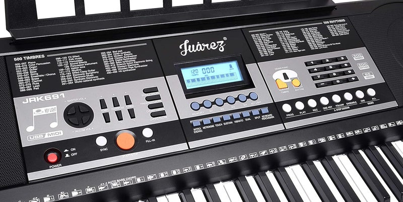 Juarez Opus JRK691 61-Key Lighting Keyboard with Touch Function | LCD Digital Display | Adapter | Key Note Stickers| Music Sheet Stand | 500 Rhythms | 500 Timbres | 65 Demo Songs - Image 2