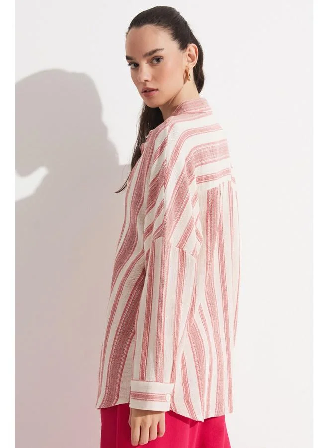 JUNE June Women Exclusive Boyfriend/Wide Fit 100% Cotton Striped Shirt Red