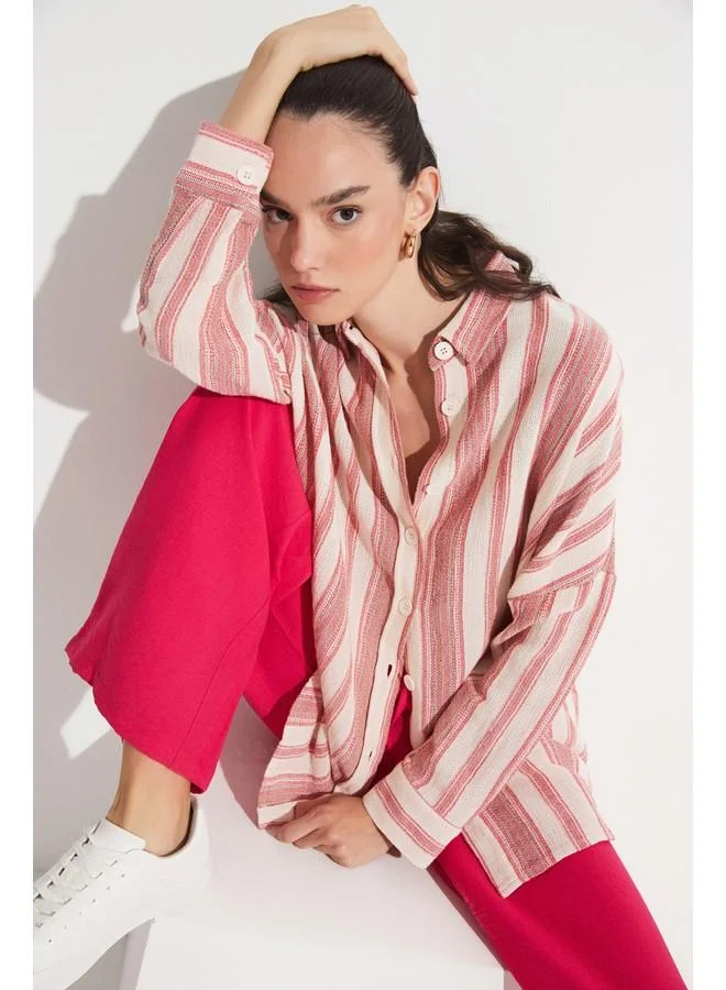 JUNE June Women Exclusive Boyfriend/Wide Fit 100% Cotton Striped Shirt Red